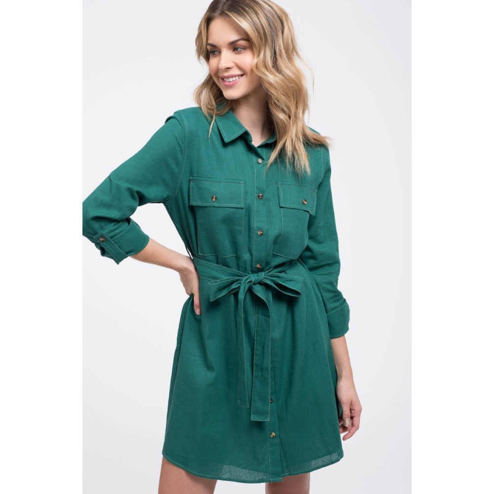 Button Down Green Dress With Belt, Cuffed Sleeves - Picture 8 of 8